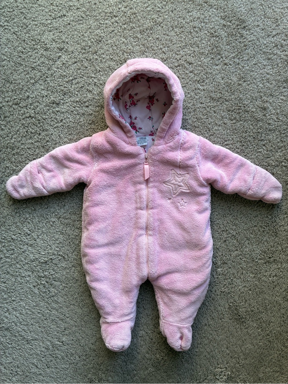 Mamas&papas Plush Pink Hooded Baby One-Piece Bunting Suit with Star Detail